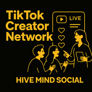 Digital illustration of creators teaming up around a TikTok LIVE interface on a black and gold background with Hive Mind Social branding.