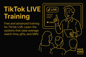 Digital illustration of a TikTok LIVE coach teaching creators beside a glowing gold TikTok interface with Hive Mind Social branding.