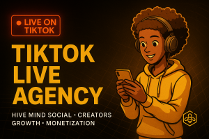 Digital illustration of a confident female host wearing a headset and holding a smartphone, standing beside a glowing red “LIVE ON TIKTOK” badge on a black and gold neon grid background with the Hive Mind Social logo.
