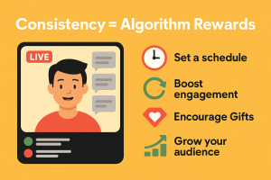Infographic titled “Consistency = Algorithm Rewards.” It shows a person streaming LIVE with chat bubbles beside them. Icons represent steps: a clock for “Set a schedule,” a circular arrow for “Boost engagement,” a heart for “Encourage Gifts,” and a growth chart for “Grow your audience.”