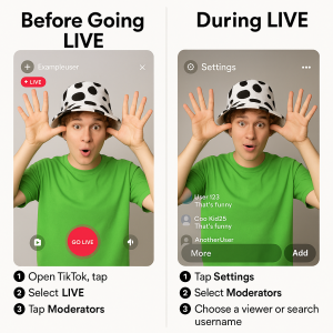 TikTok LIVE dashboard with a moderator icon and warning symbols, showing the importance of managing moderators safely.