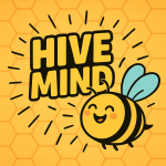 Hive Mind Social logo featuring a happy cartoon bee with light-blue wings and the text “Hive Mind” on a honeycomb background
