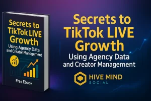 Free TikTok LIVE growth ebook cover showing ‘Secrets to TikTok LIVE Growth – Using Agency Data and Creator Management’ by Hive Mind Social.